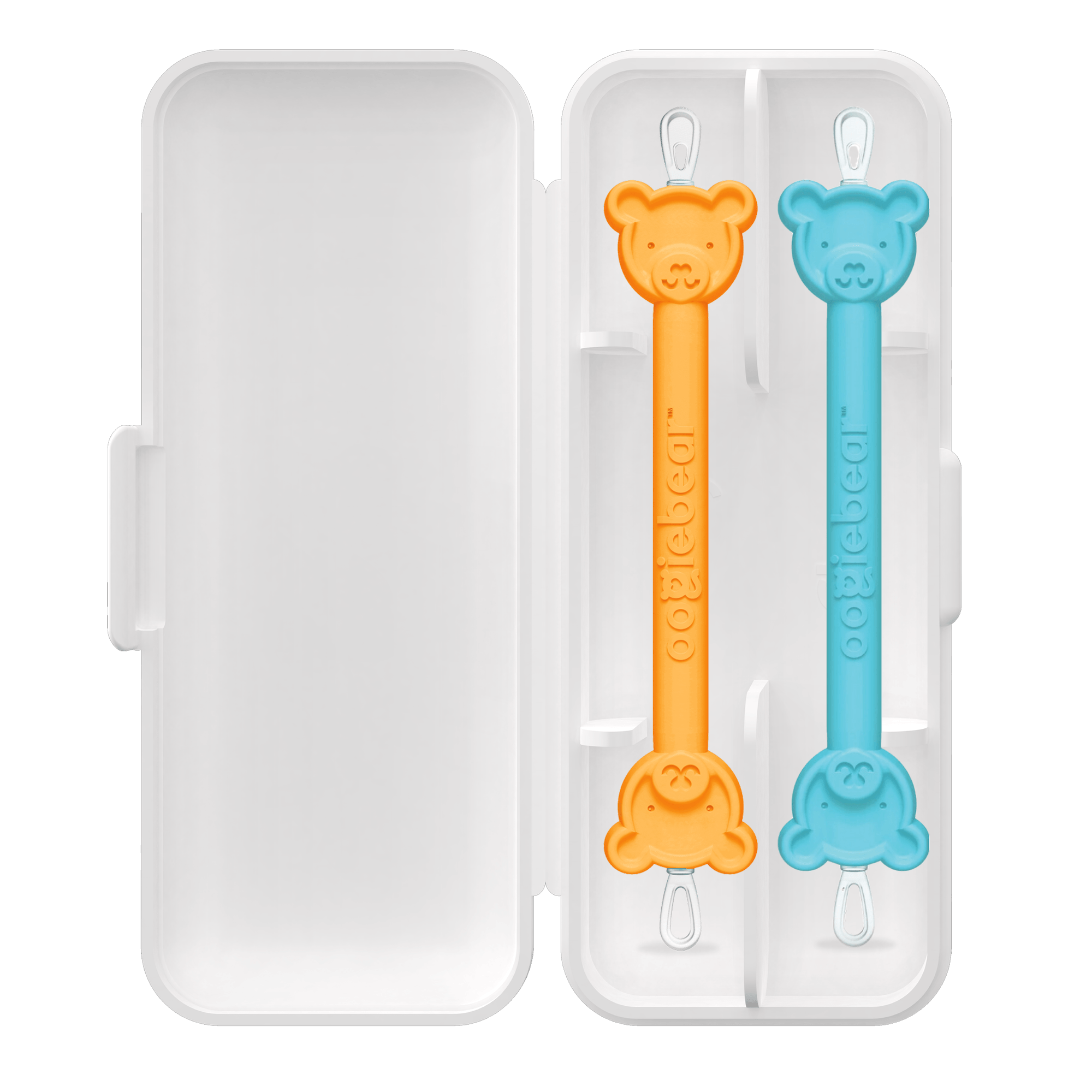Two oogiebear nose and ear cleaning pickers in orange and blue, designed for safe and gentle removal of nasal and ear debris.