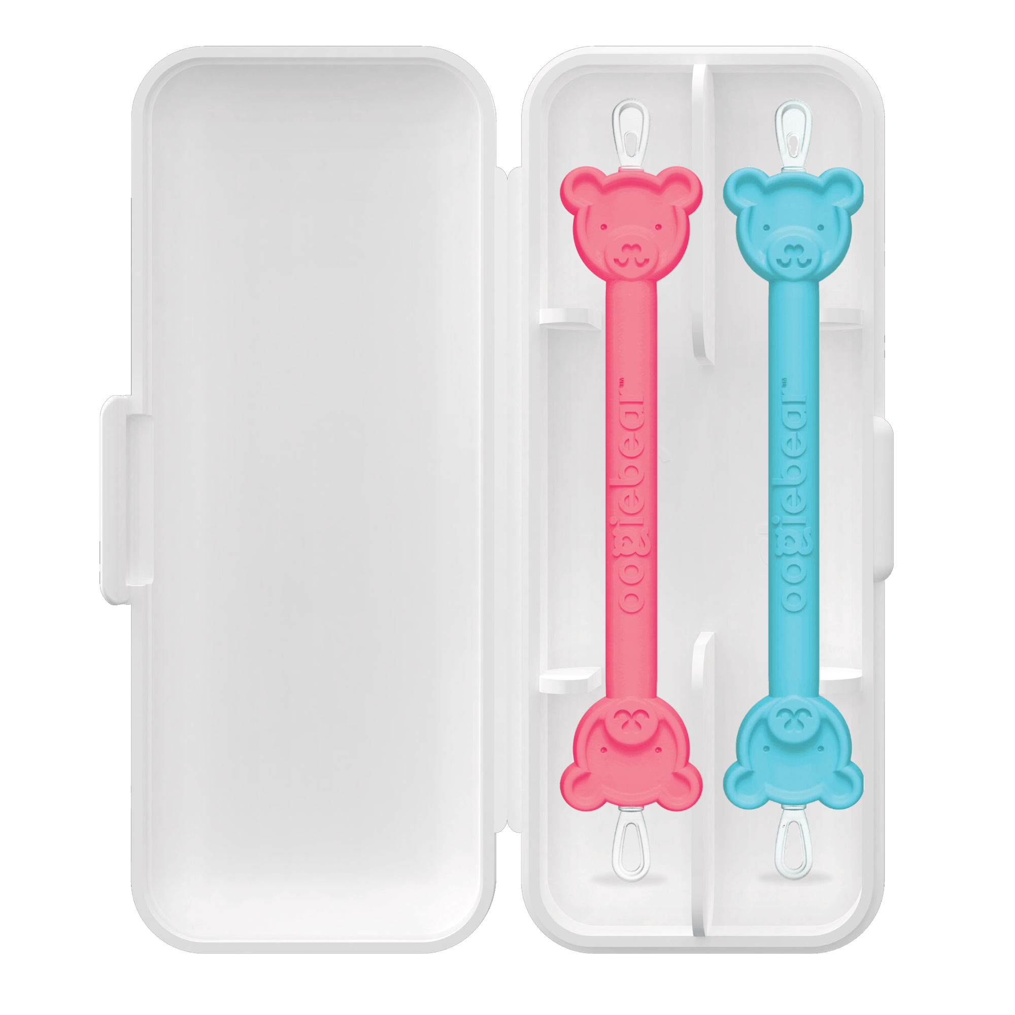 Oogiebear two-pack nose and ear cleaning pickers in pink and blue with ergonomic handles for gentle, safe use.