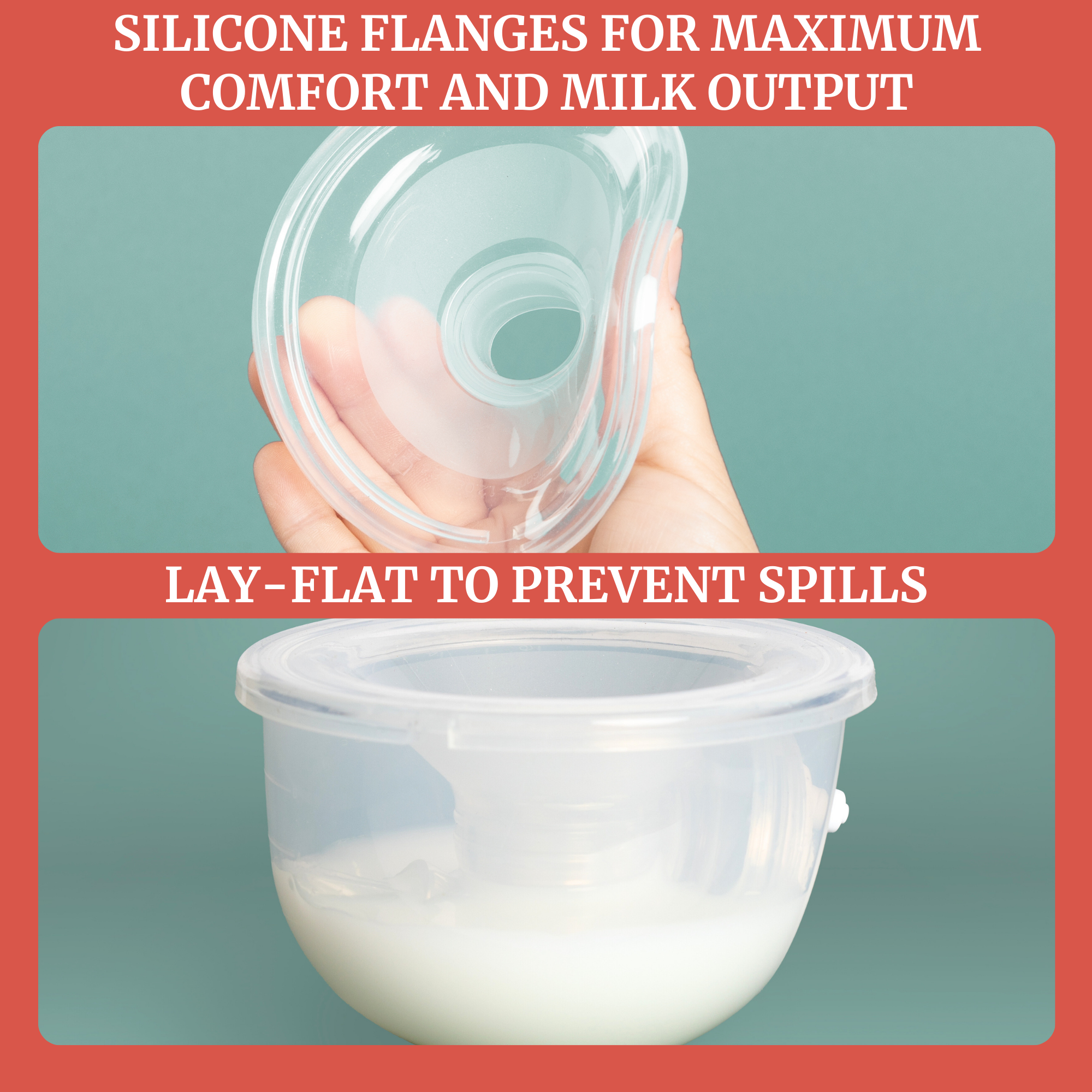 Idaho Jones Milk Collection Cups with silicone flanges for breast pump, shown with transparent collection cups and soft silicone flanges.