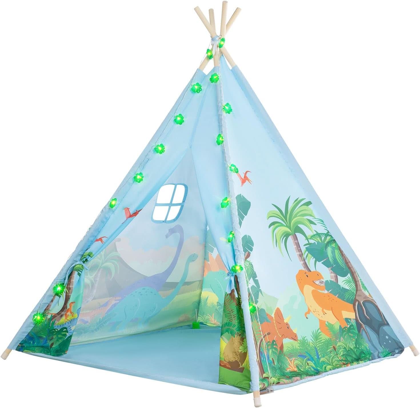 Kids Teepee Tent With Dinosaur Adventure LED String Lights-0