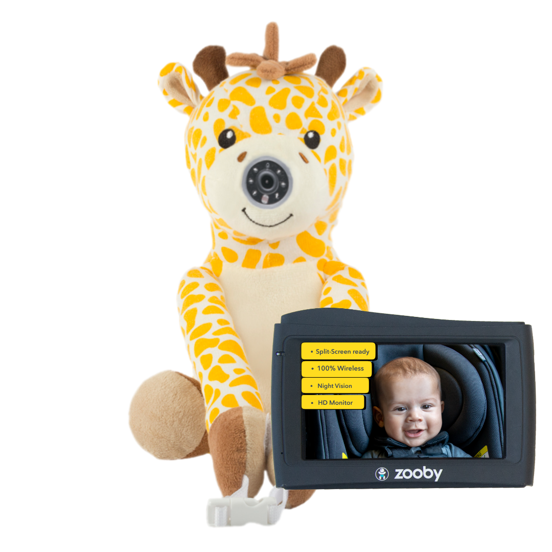 Infanttech zooby® baby monitor with Jordan Giraffe plush toy, featuring a sleek screen and control buttons for baby care.