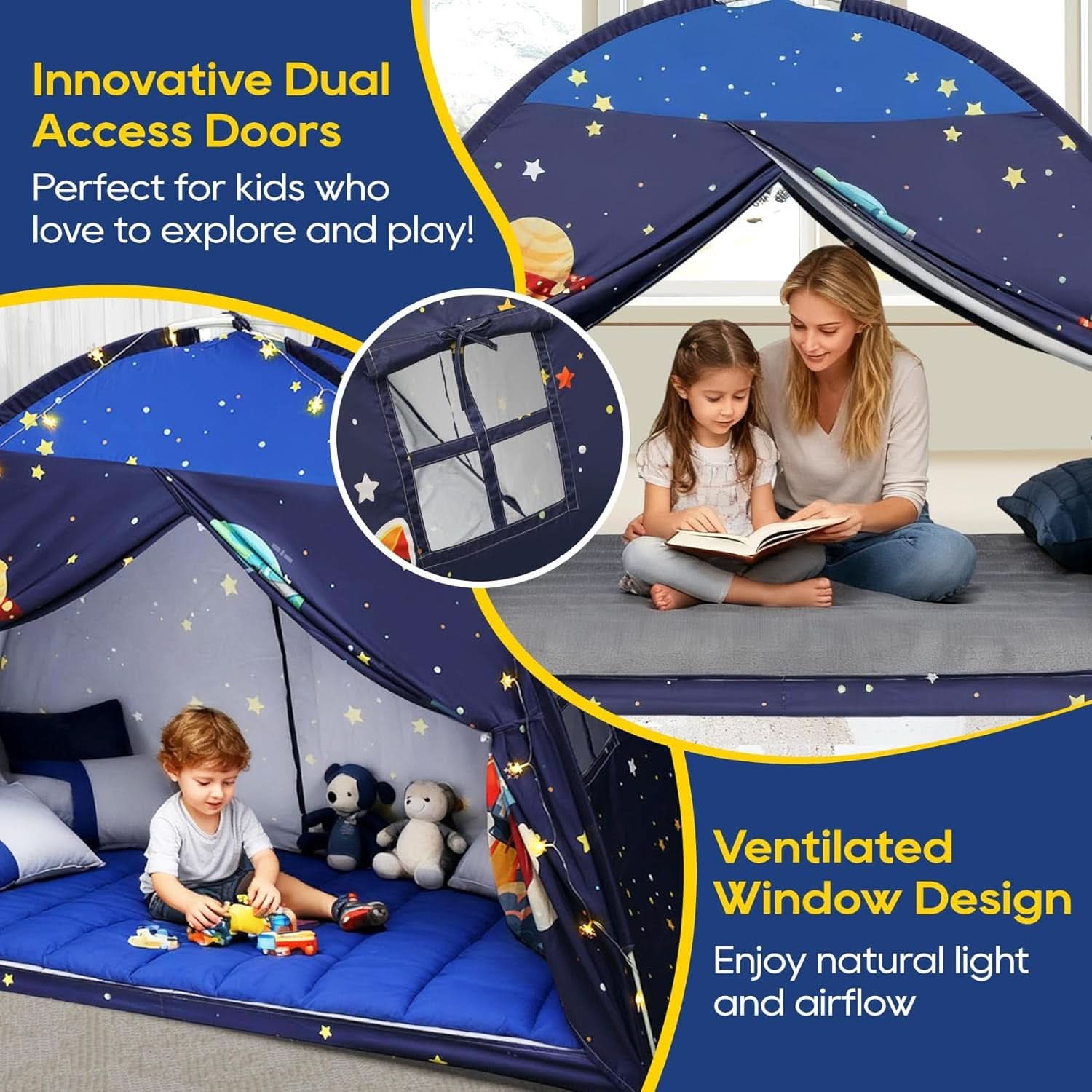 Twin Bed Tent Canopy Blue Black out Privacy Indoor Play house For Kids-3