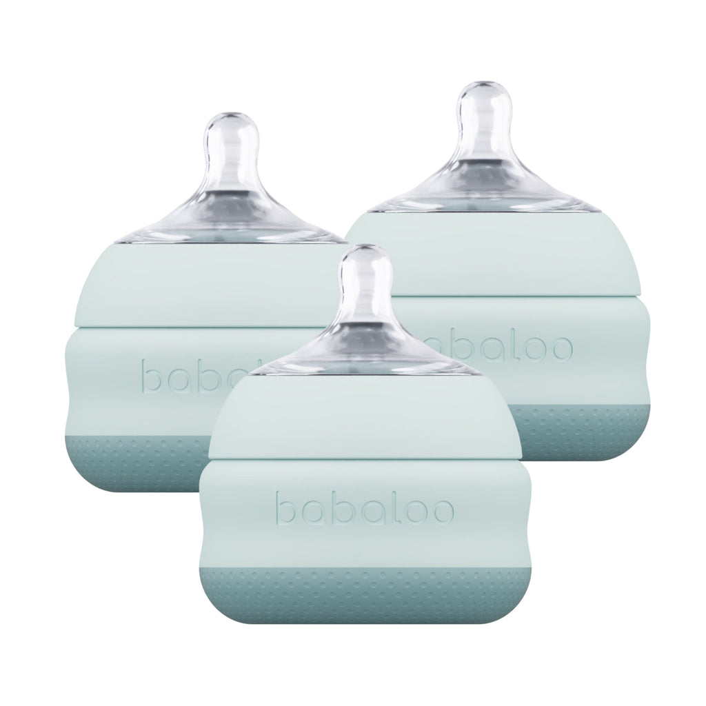 Babaloo 5oz baby bottle set of 3 with clear bottles and colorful caps, ideal for feeding infants.
