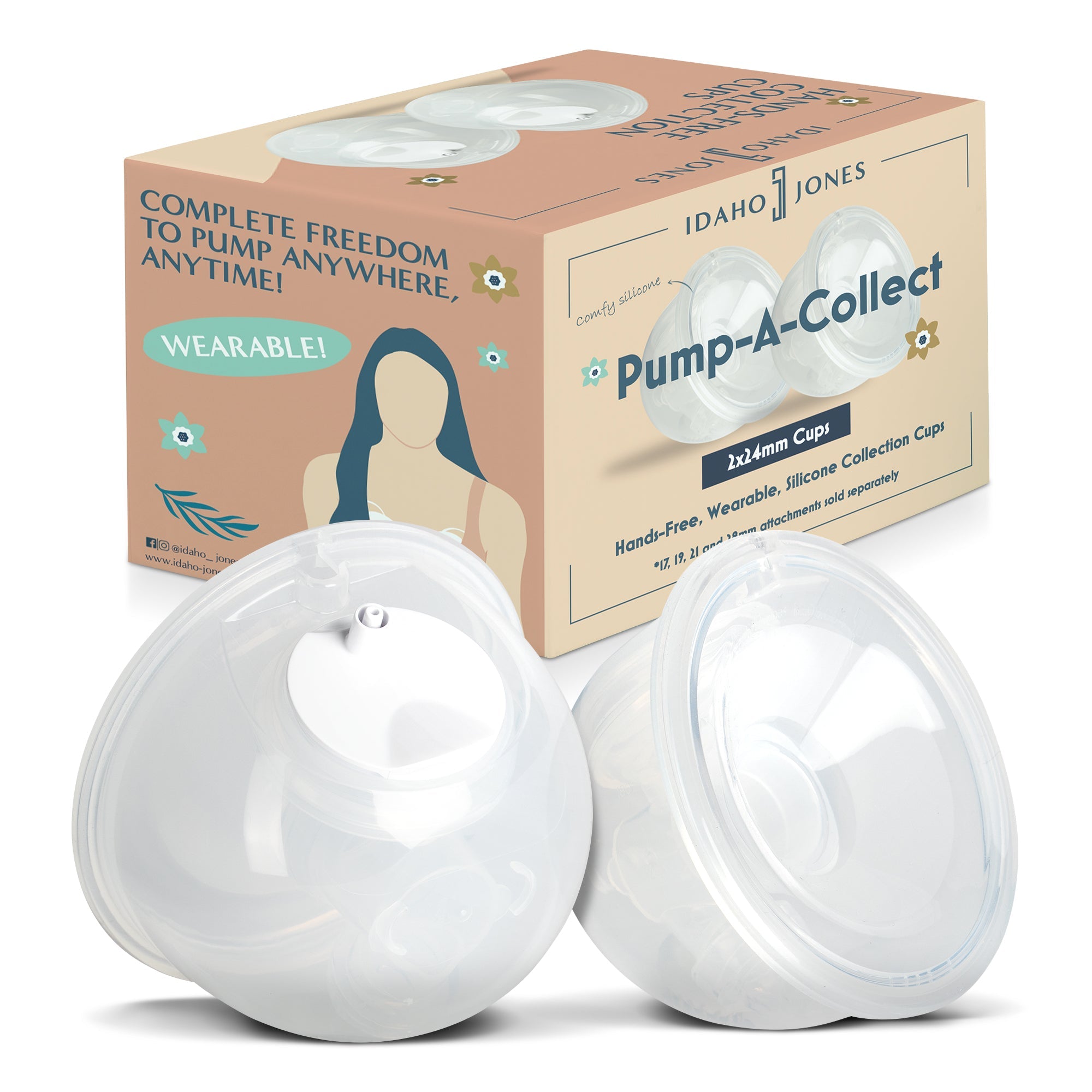 Idaho Jones Milk Collection Cups with silicone flanges for breast pump, clear plastic collection cups on a white background.