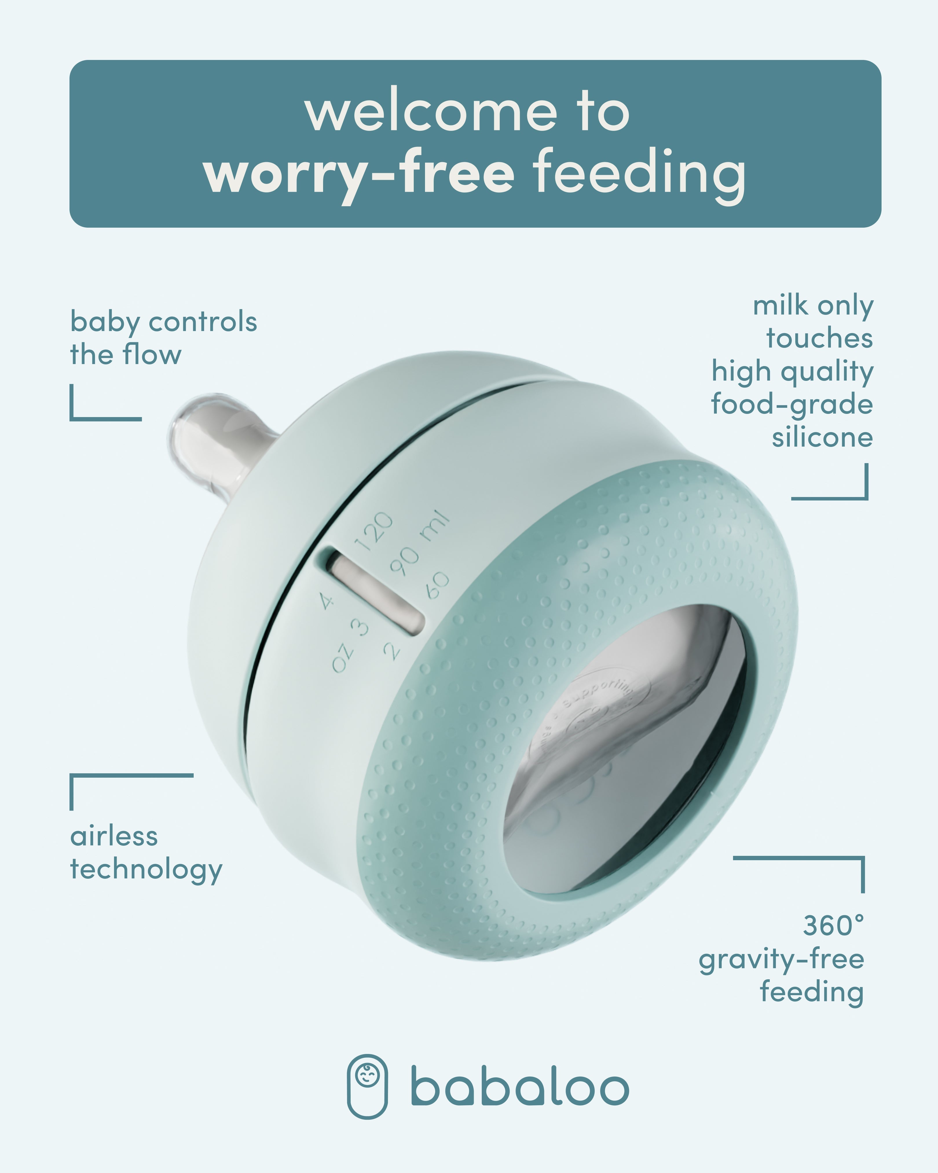 Set of three Babaloo baby bottles with colorful silicone nipples and clear plastic bodies, designed for easy feeding and baby comfort.