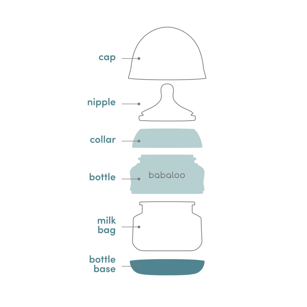 Set of three Babaloo bottles in various colors, made of durable materials, designed for easy feeding and convenient use.