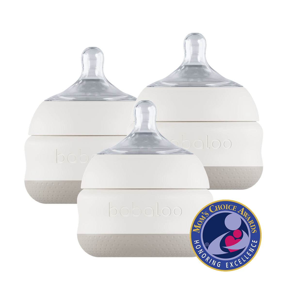 Set of three Babaloo baby bottles with 5oz capacity, clear plastic construction, and silicone nipples for feeding infants.