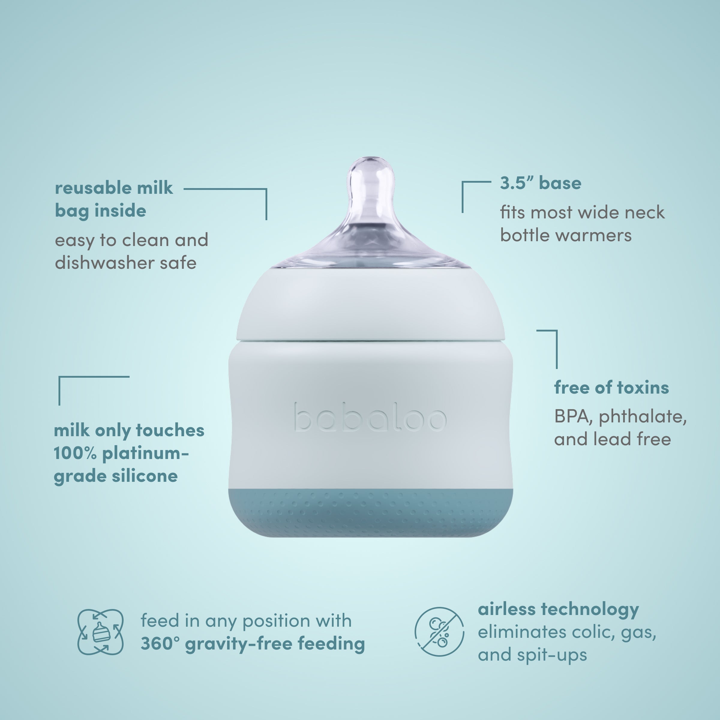 Set of three Babaloo 8oz baby bottles with clear silicone sleeves and soft nipples, designed for easy feeding and grip.