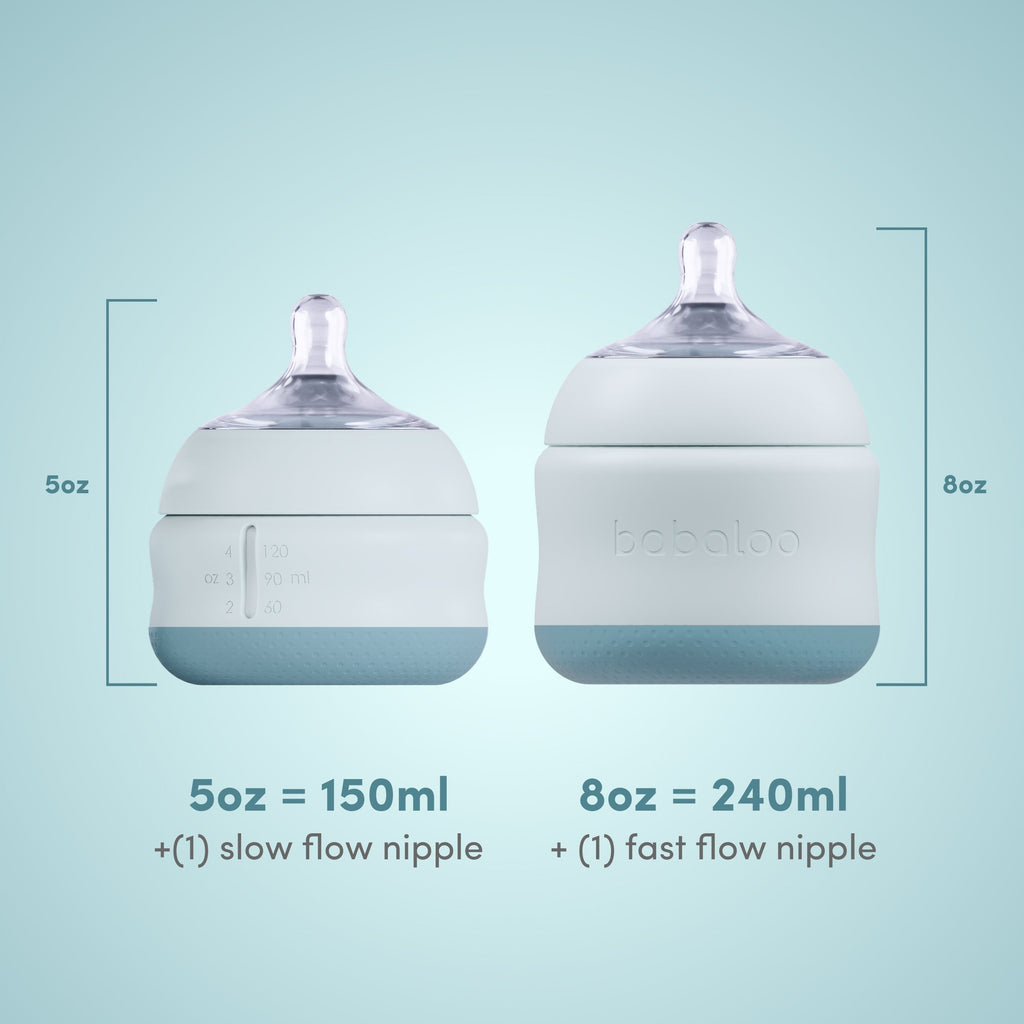 Set of three Babaloo 8oz bottles with colorful silicone sleeves and caps, designed for easy grip and spill-proof feeding.