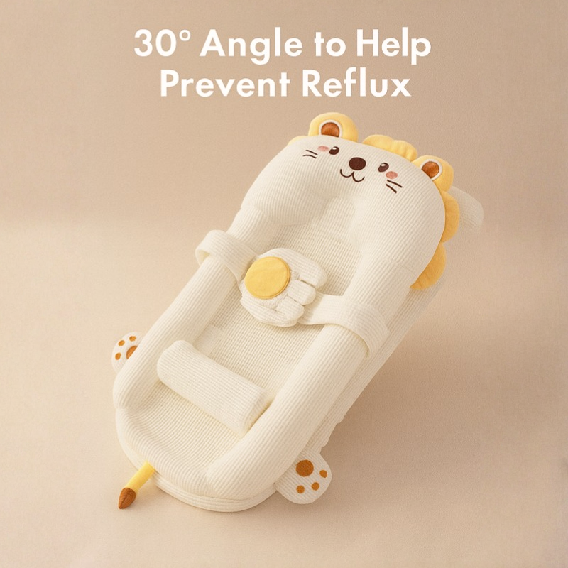 MEACAOFG smart baby lounger with adjustable anti-reflux incline and gentle patting feature, soft fabric and ergonomic design.