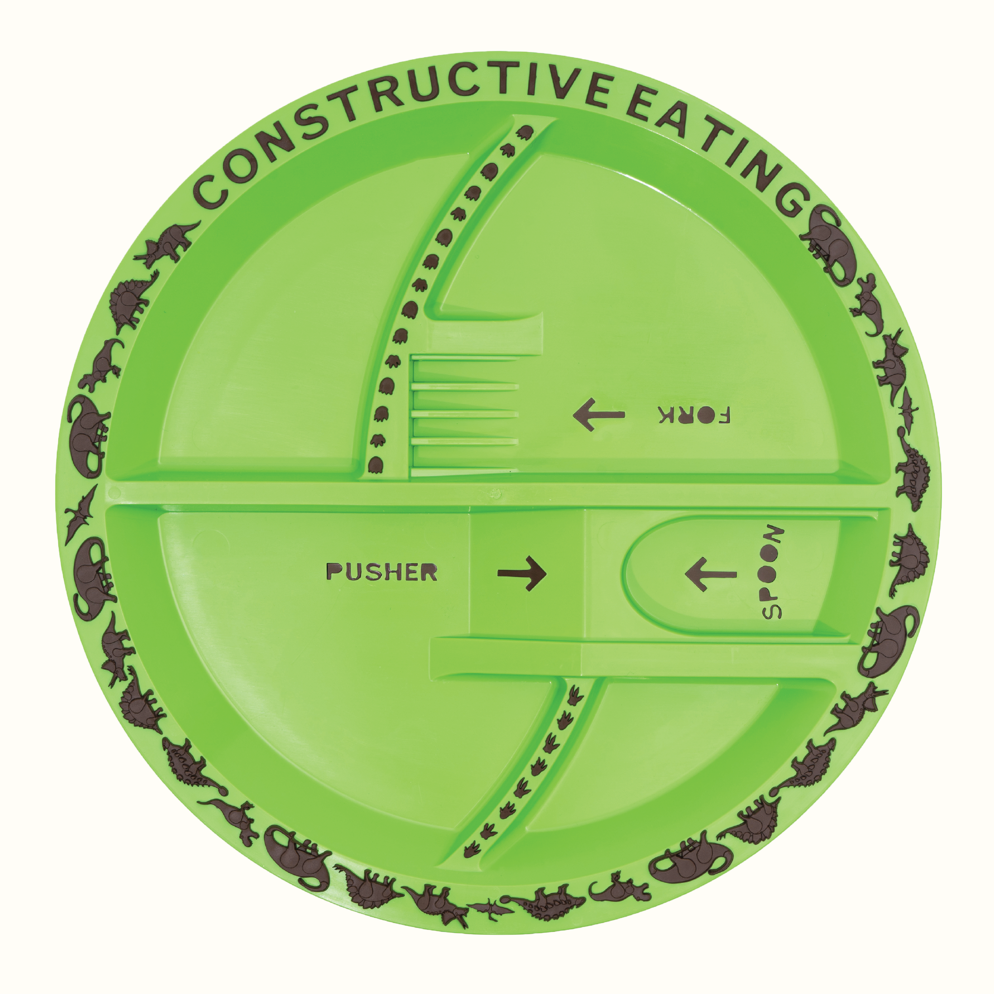 Constructive Eating DinoPlate eating set with a tan background, featuring a dinosaur-shaped plate for kids' meals.