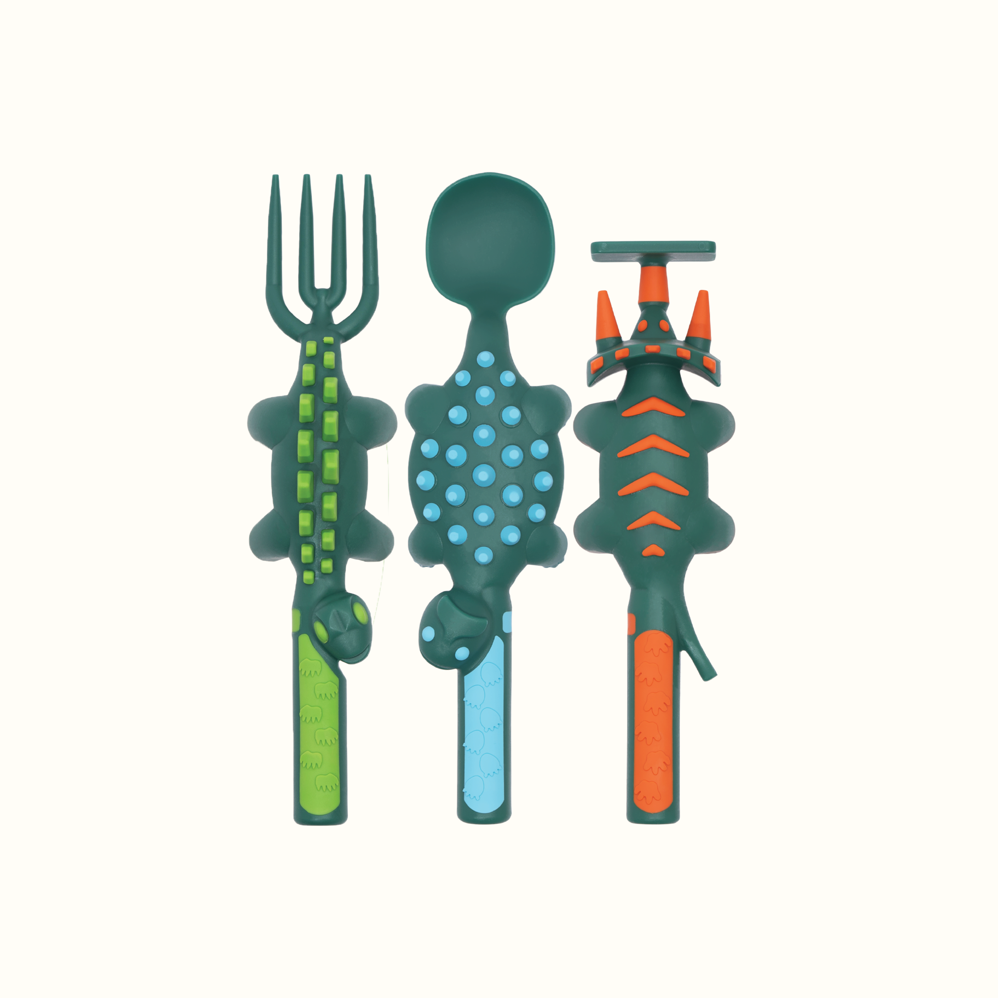 Constructive Eating Dino Utensils eating set with tan dinosaur-shaped spoon and fork for kids, colorful and fun tableware for mealtime.
