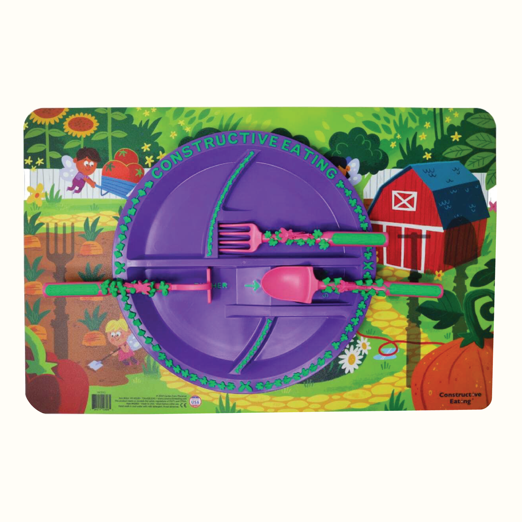 Constructive Eating eating set with tan background, includes plate, bowl, fork, and spoon for children's meal time.