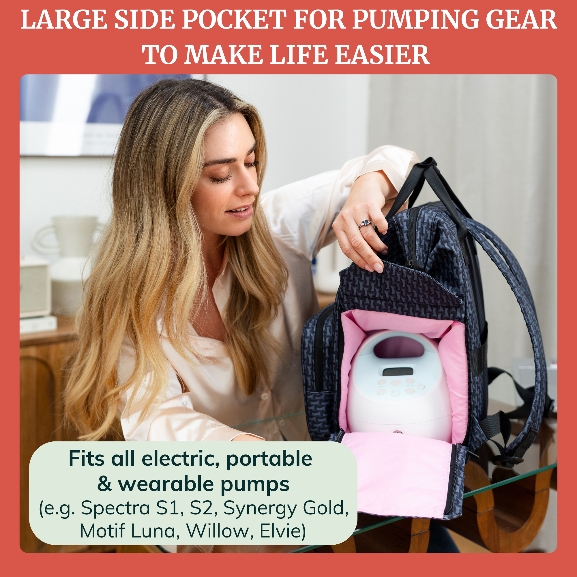 Idaho Jones Chertsey breast pump bag backpack with large compartments, designed for carrying large breast pumps and accessories.