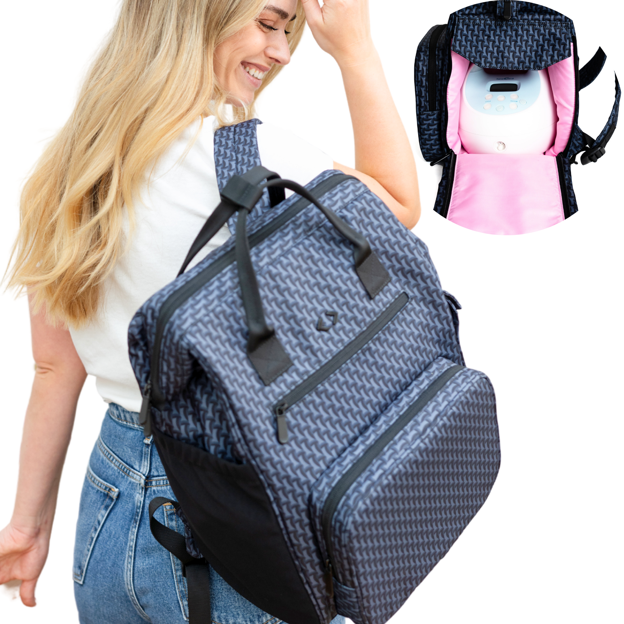 Idaho Jones Chertsey breast pump bag backpack for large pumps, showing spacious interior and sturdy straps for easy carrying.
