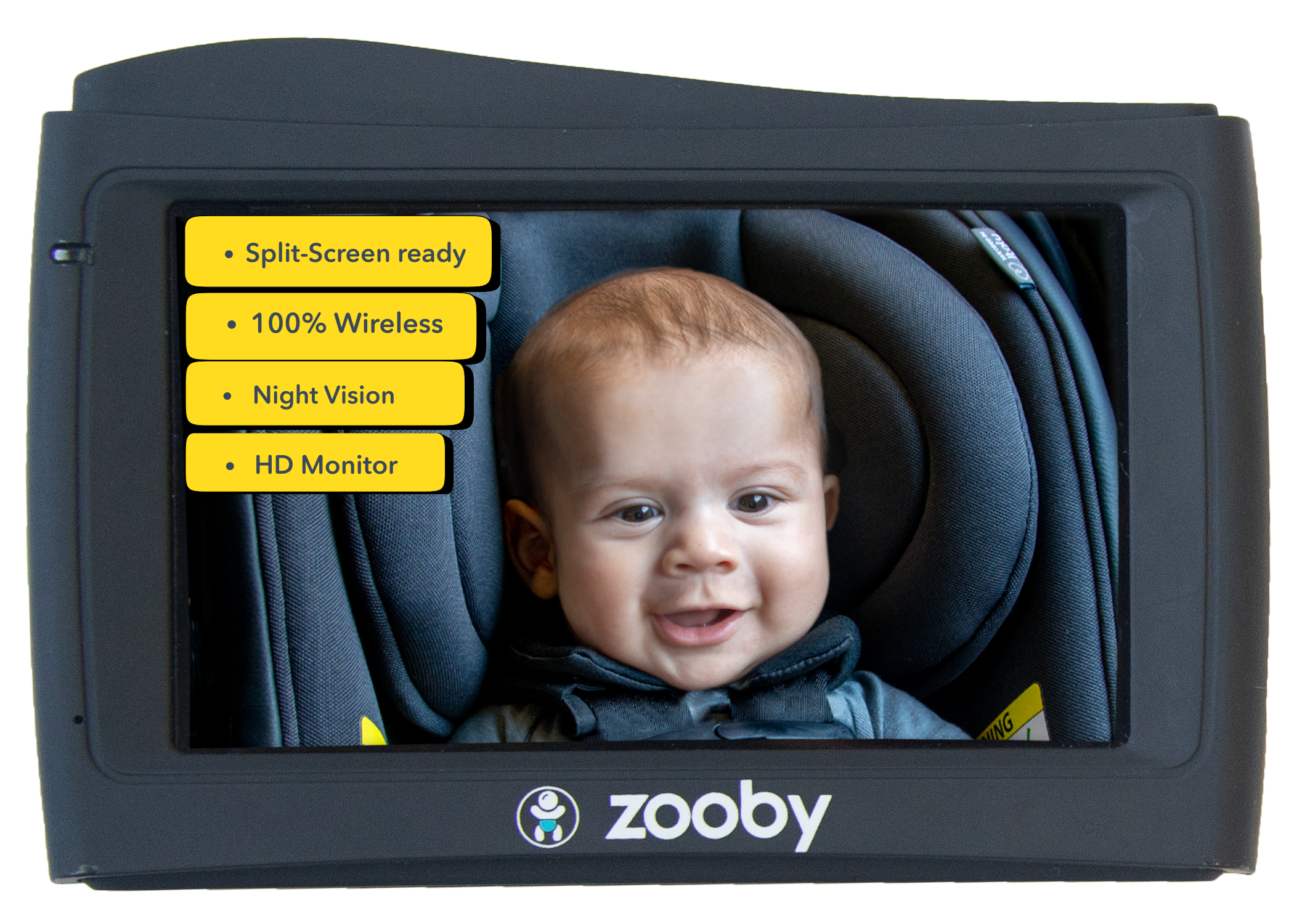 Infanttech zooby® baby monitor with Jordan Giraffe design, vertical screen displaying monitor features and controls.