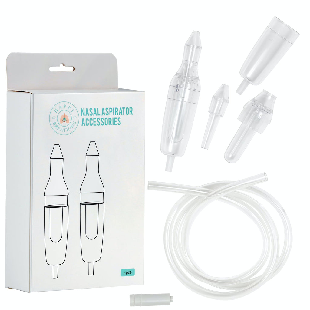 Happy Breathing Suction baby nasal aspirator with accessories, showing a clear nose sucker and cleaning tools for infant nasal relief.