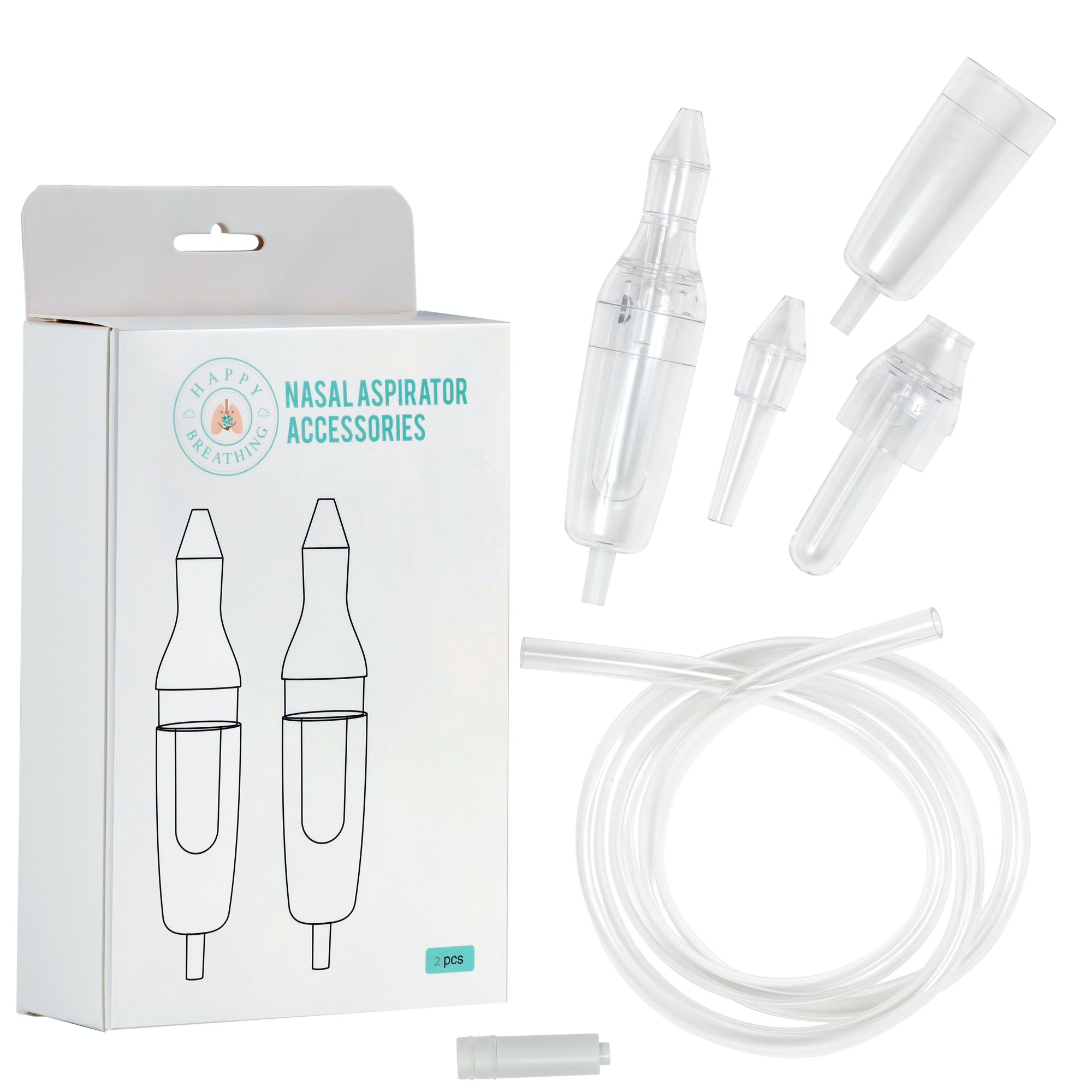 Happy Breathing Suction baby nasal aspirator with accessories, showing a clear nose sucker and cleaning tools for infant nasal relief.