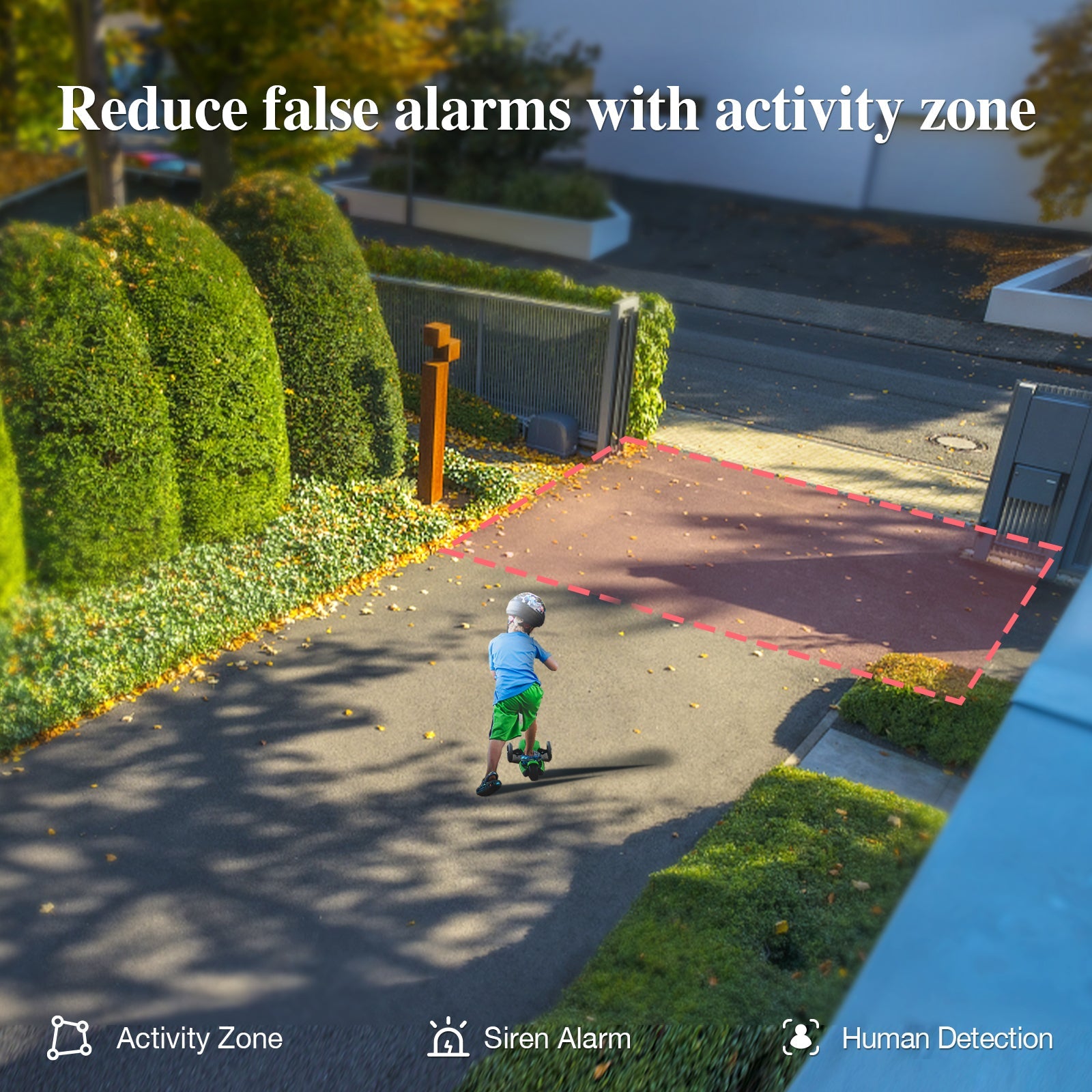 Sense-U AI Battery Cam showing activity zone settings on a smartphone screen with the camera device in the background.