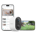 Sense-U AI Battery Cam showing a compact security camera with a sleek design and mounting options for home surveillance.