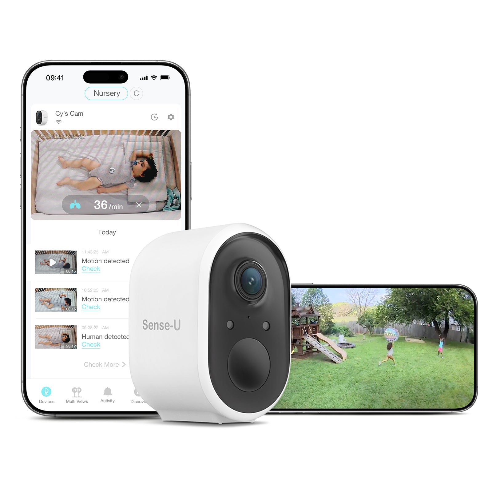 Sense-U AI Battery Cam showing a compact security camera with a sleek design and mounting options for home surveillance.