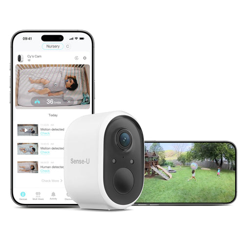 Sense-U AI Battery Cam showing a compact security camera with a sleek design and mounting options for home surveillance.