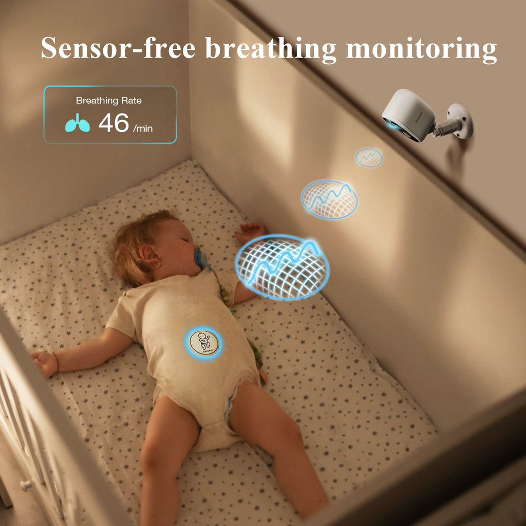 Sense-U AI Battery Cam showing a sleek black security camera with breathing indicator, designed for home safety and monitoring.
