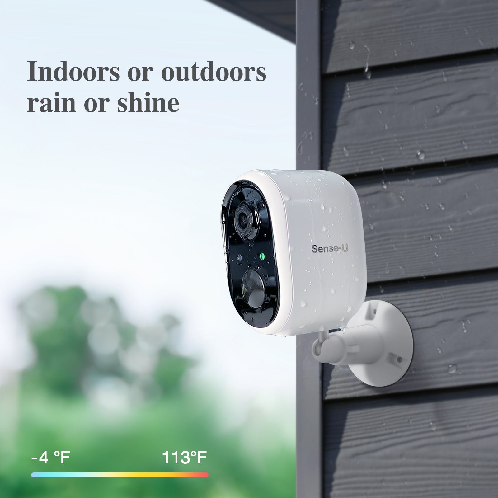 Sense-U AI Battery Cam showing outdoor security camera with weather-resistant design and motion detection features.