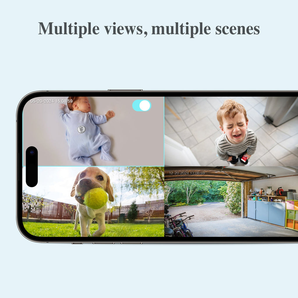 Sense-U AI Battery Cam with multiple devices, showing a compact security camera for home surveillance in a modern setting.