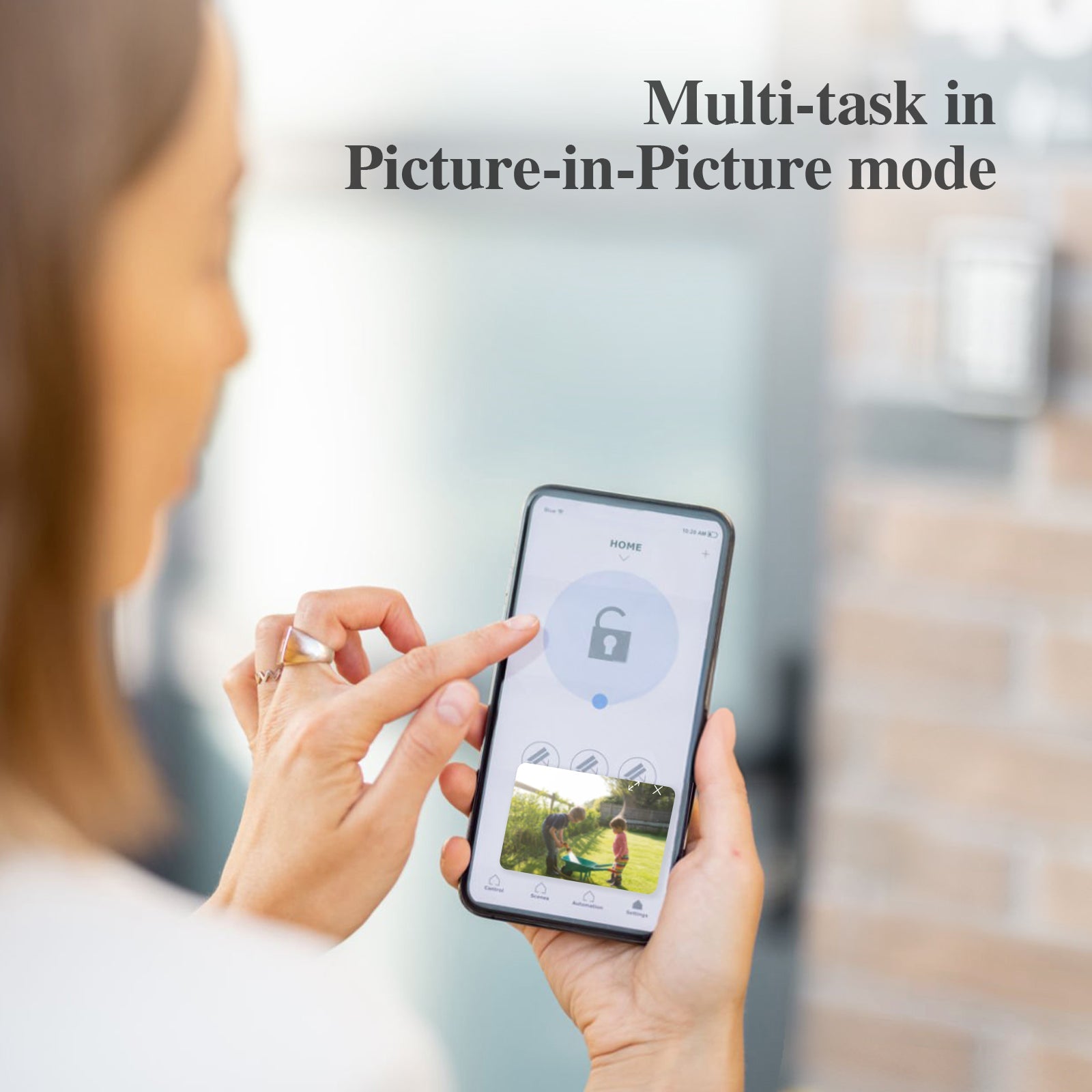 Sense-U AI Battery Cam capturing a wide-angle view of the security camera with a sleek black design and adjustable mounting bracket.