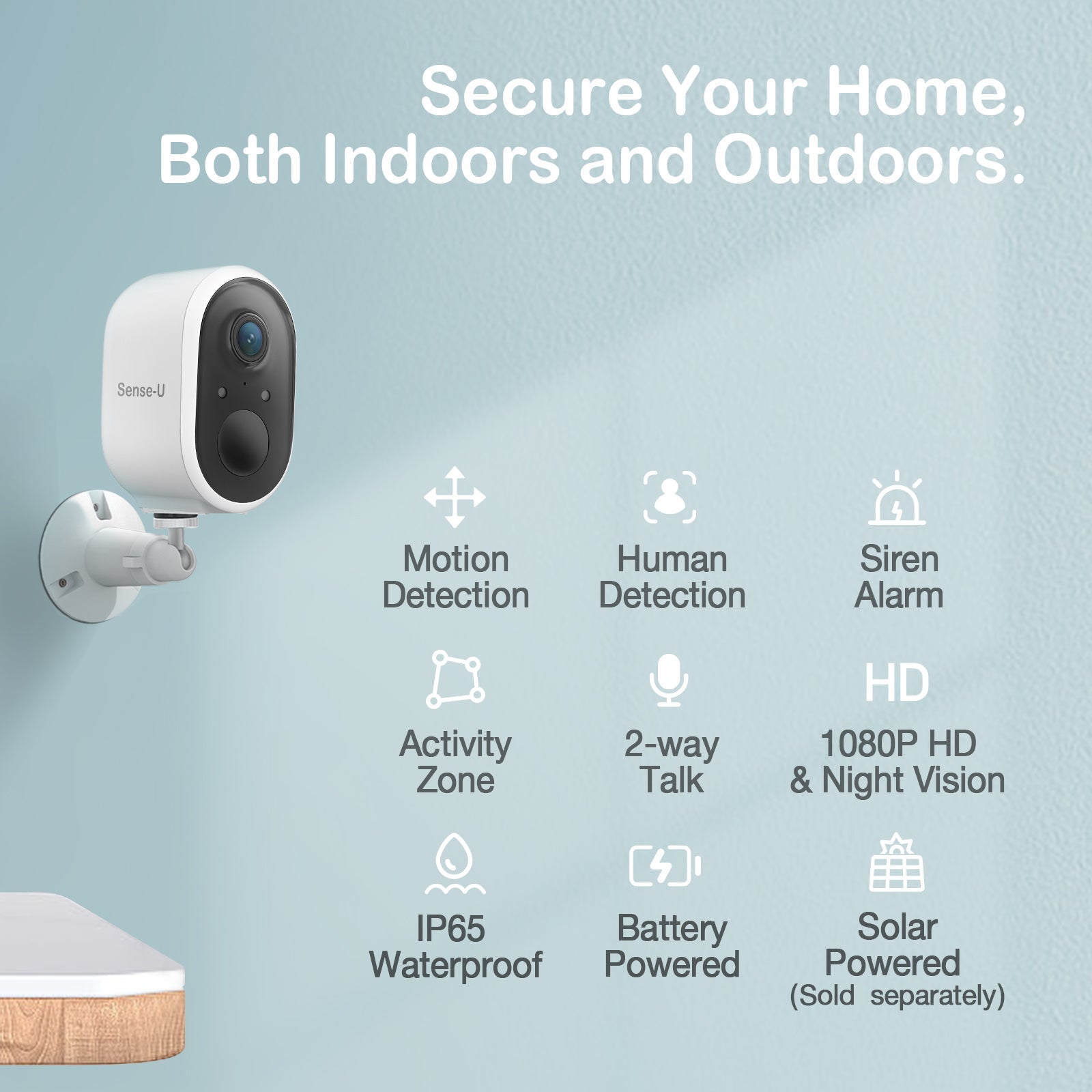 Sense-U AI Battery Cam outdoor security camera showing weather-resistant design and lens for outdoor surveillance.