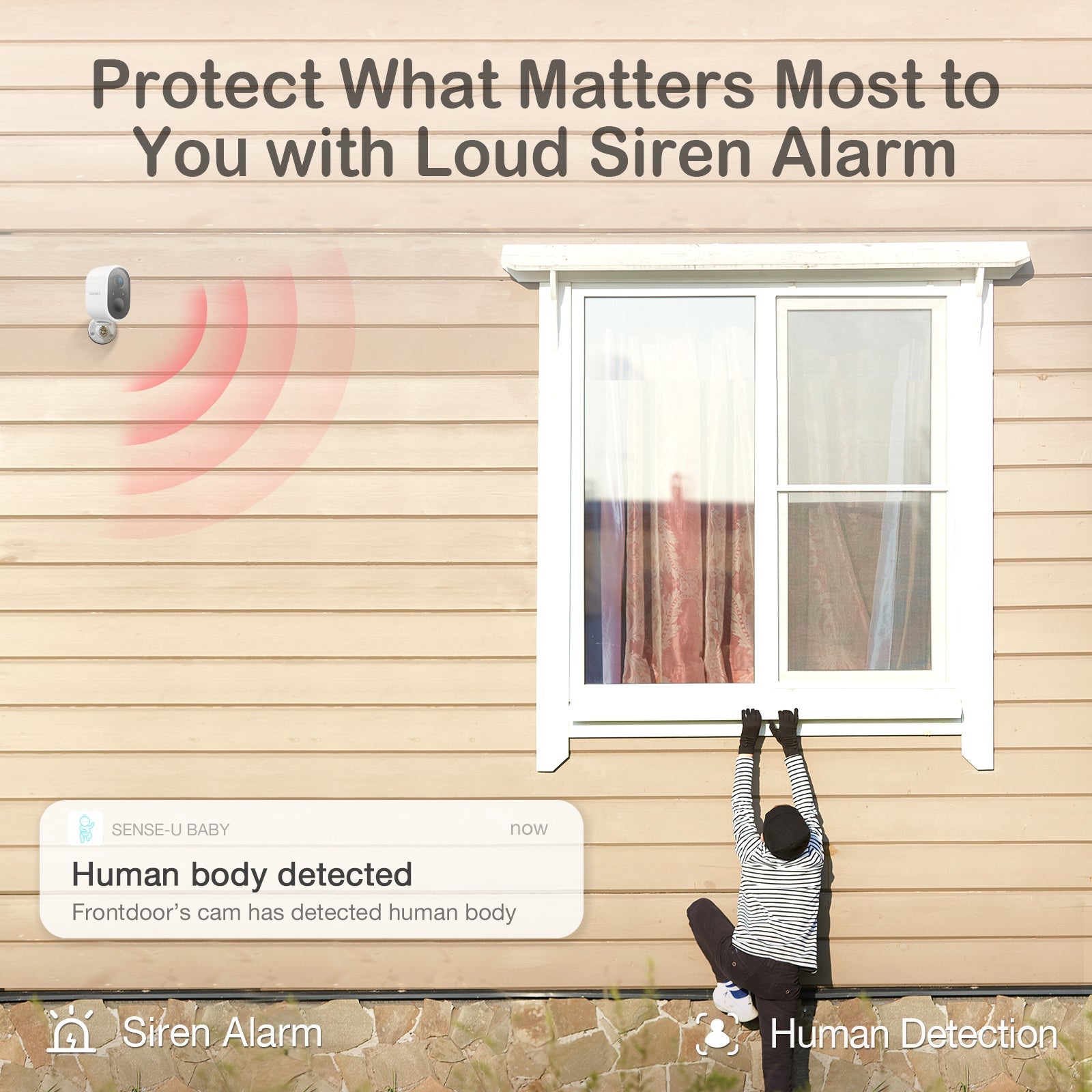 Sense-U AI Battery Cam outdoor security camera with siren alarm, wireless surveillance device for home monitoring