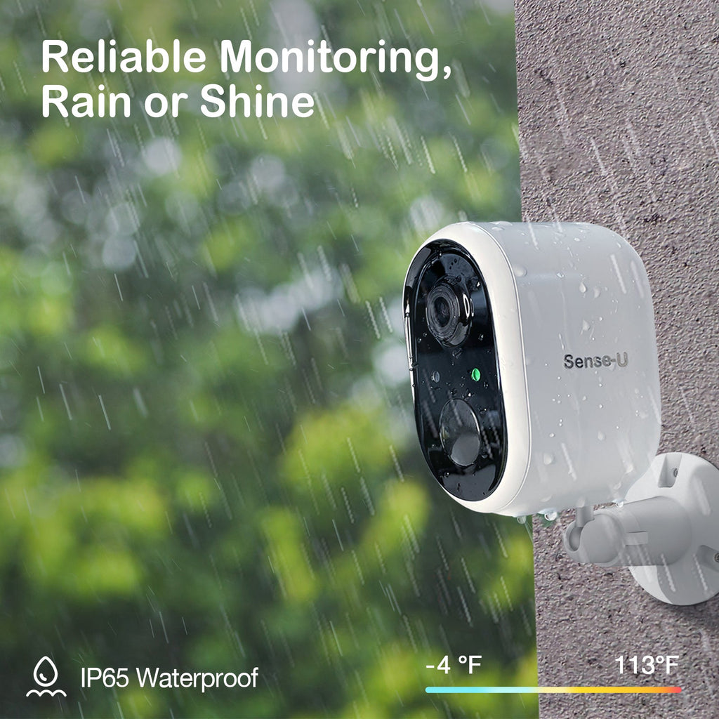 Sense-U AI Battery Cam outdoor security camera with multiple sensors, compact design, and wireless setup for home safety.