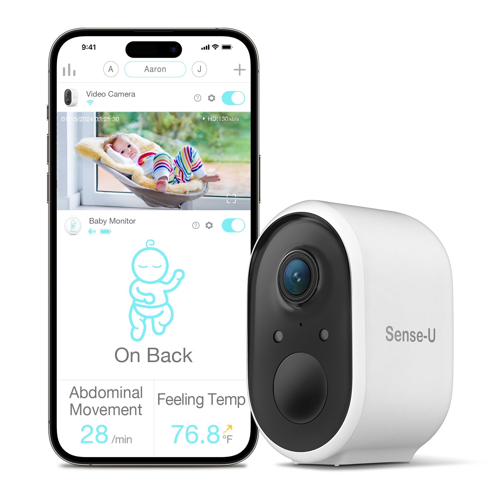 Sense-U AI Battery Cam showing a sleek black security camera with adjustable PTZ features and a compact design.
