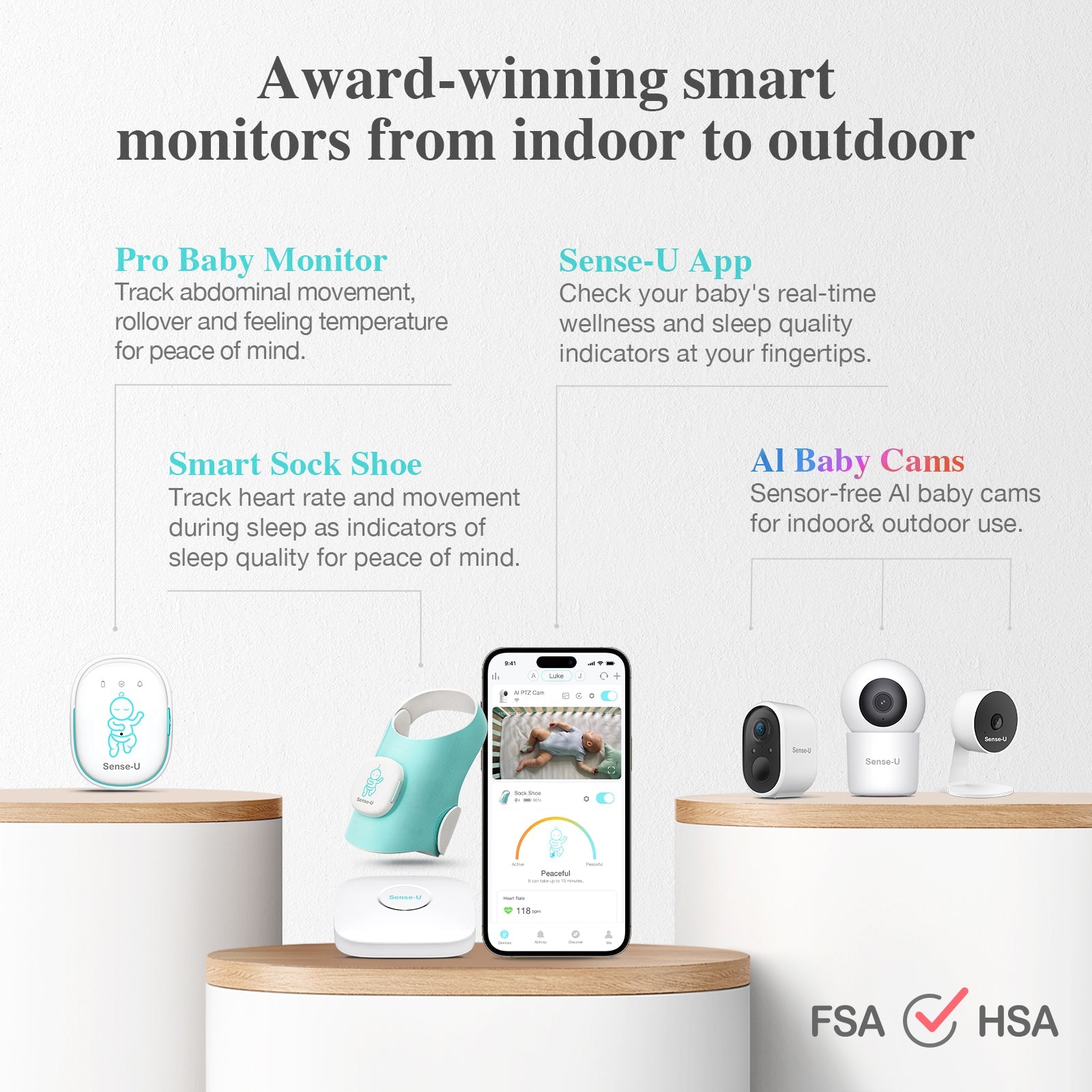Sense-U smart sock shoe bundle featuring two sock shoes with integrated sensors and a 2.5K PTZ camera for monitoring.