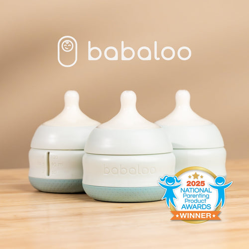 Set of three Babaloo baby bottles with colorful caps and clear bodies, designed for feeding and easy grip.
