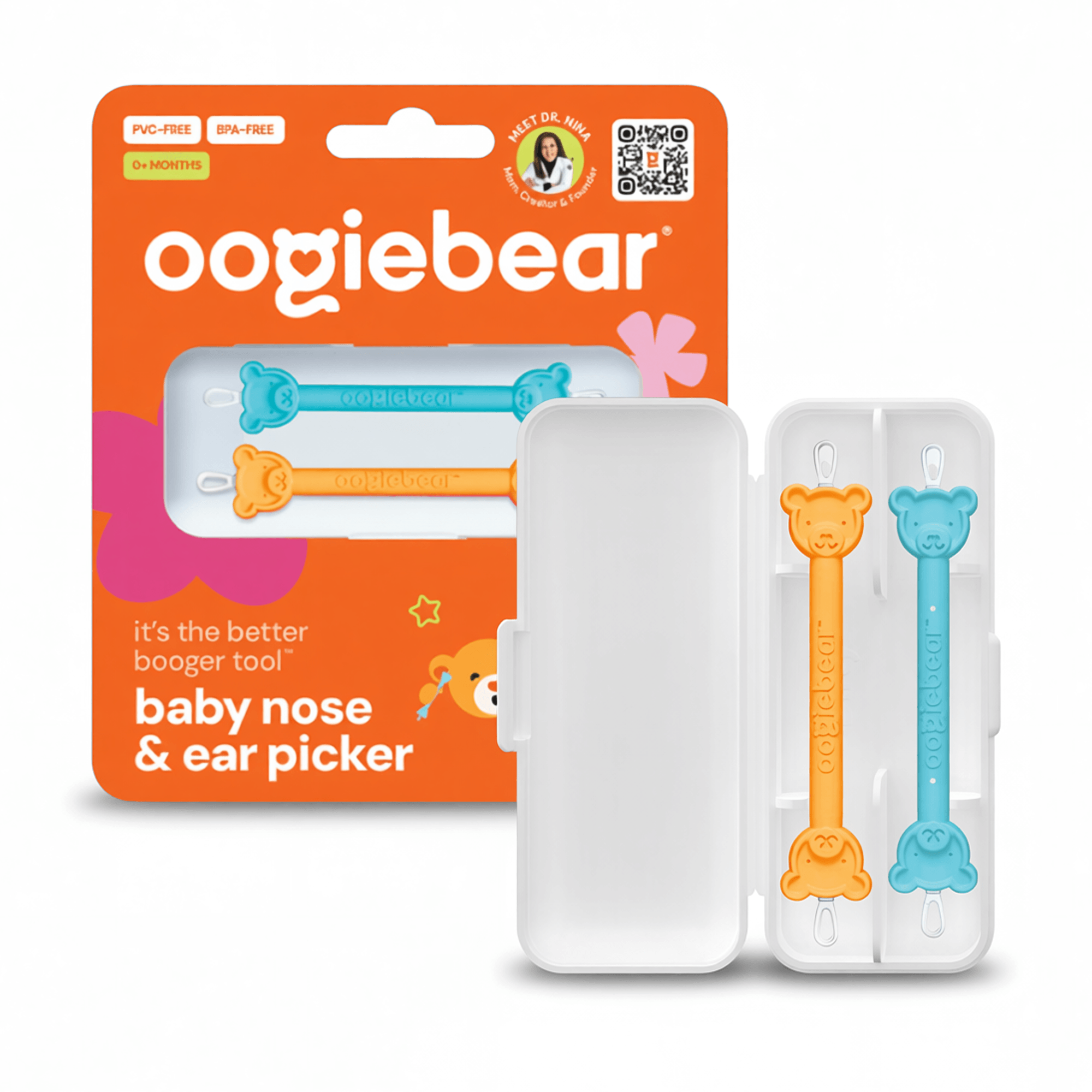 Two-pack Oogiebear nose and ear cleaning pick set with blue and orange handles, designed for gentle removal of nasal and ear debris.