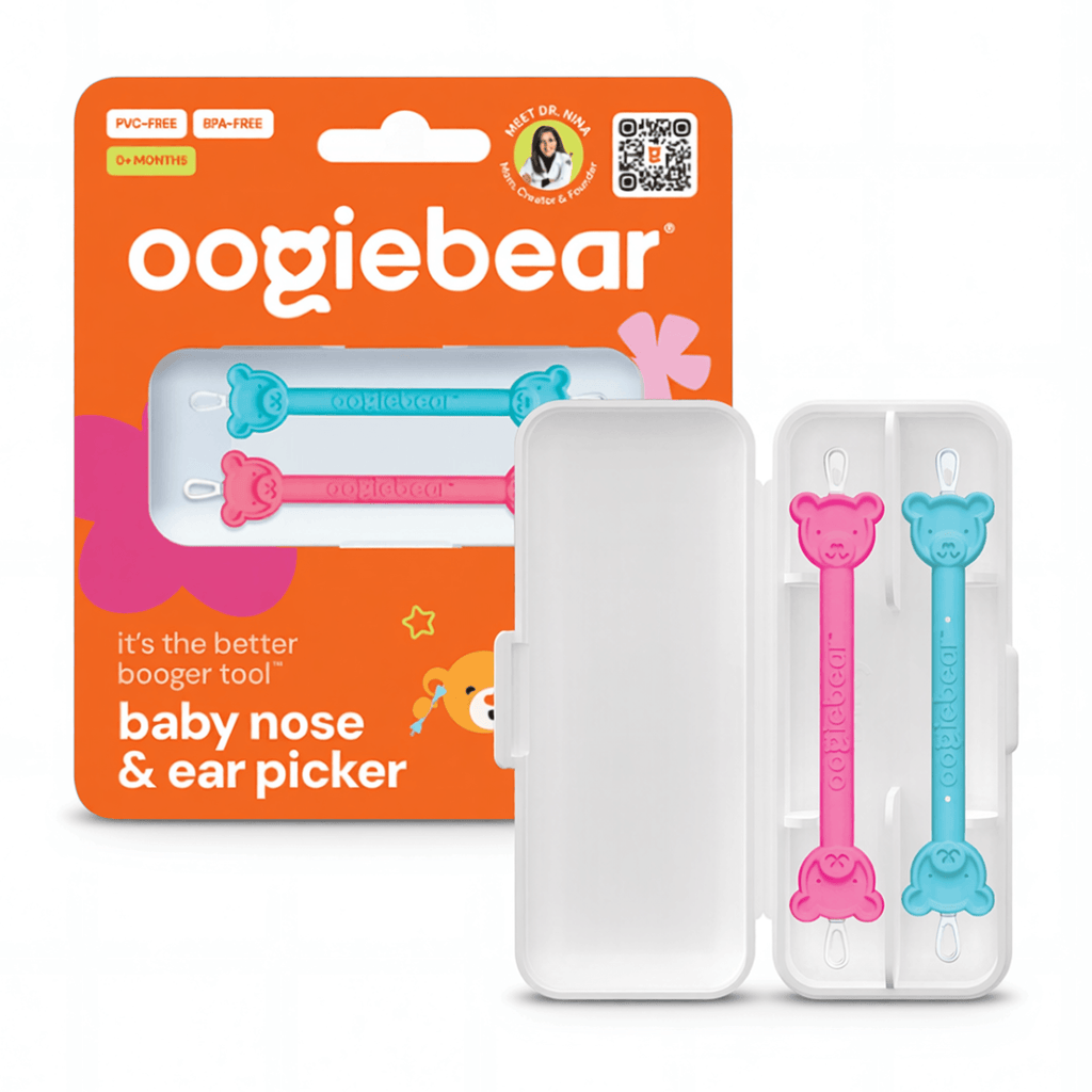 Oogiebear two-pack nose and ear cleaning pick set with blue and pink ergonomic tools for gentle hygiene.