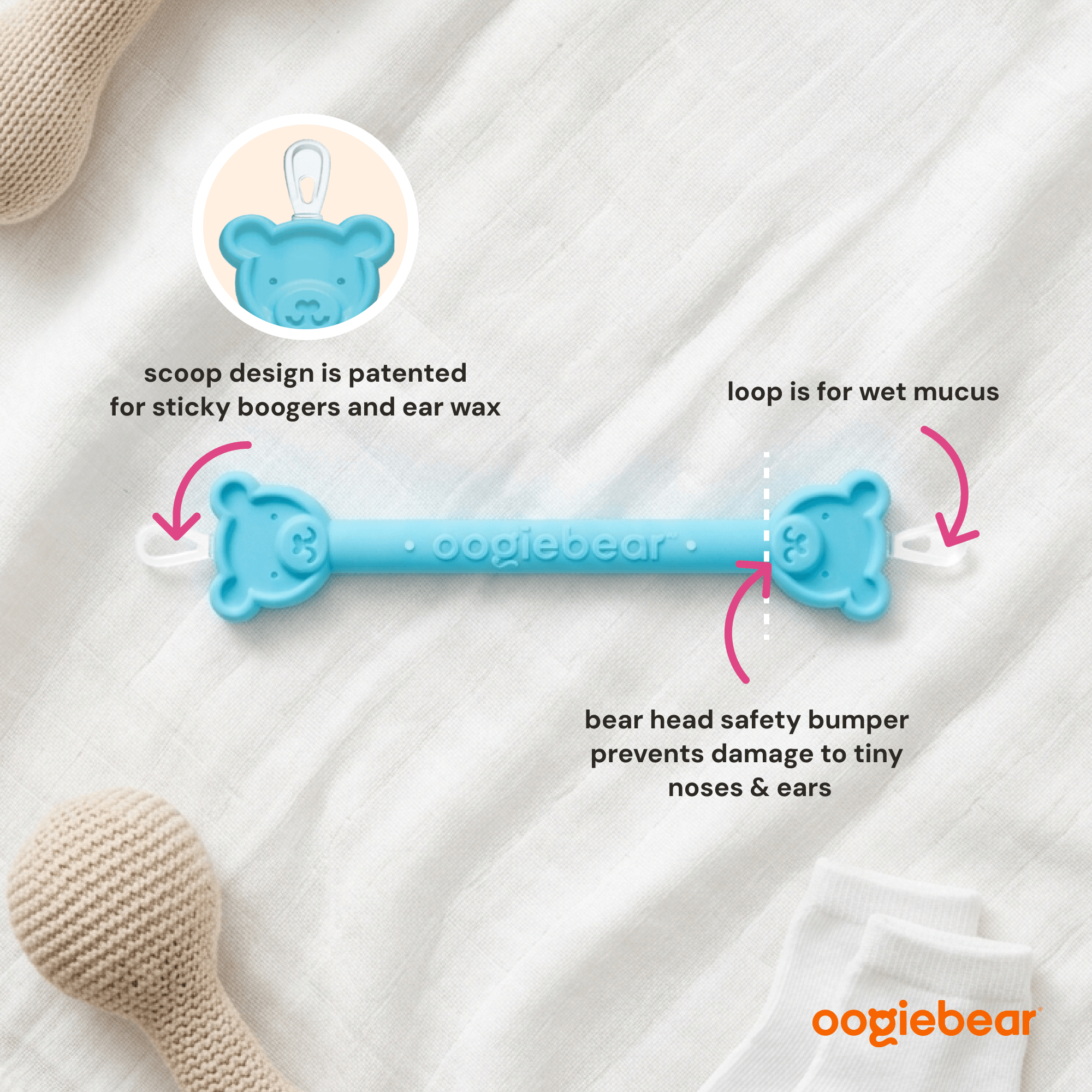 Oogiebear two-pack nose and ear cleaning pick set with blue ergonomic tools for safe, gentle removal of nasal and ear debris.