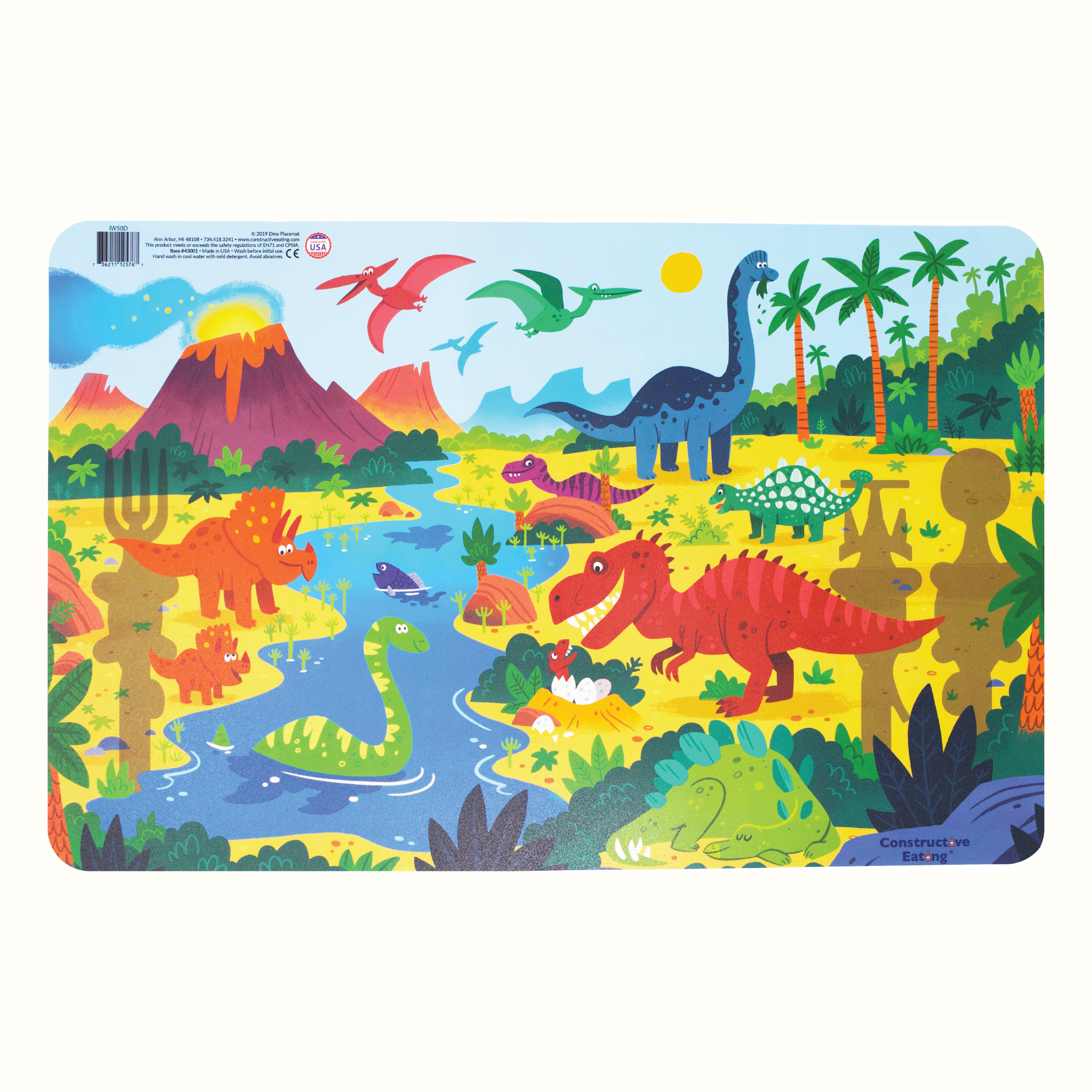 Constructive Eating dinosaur-themed tan placemat, durable and fun dining accessory for kids' eating set.