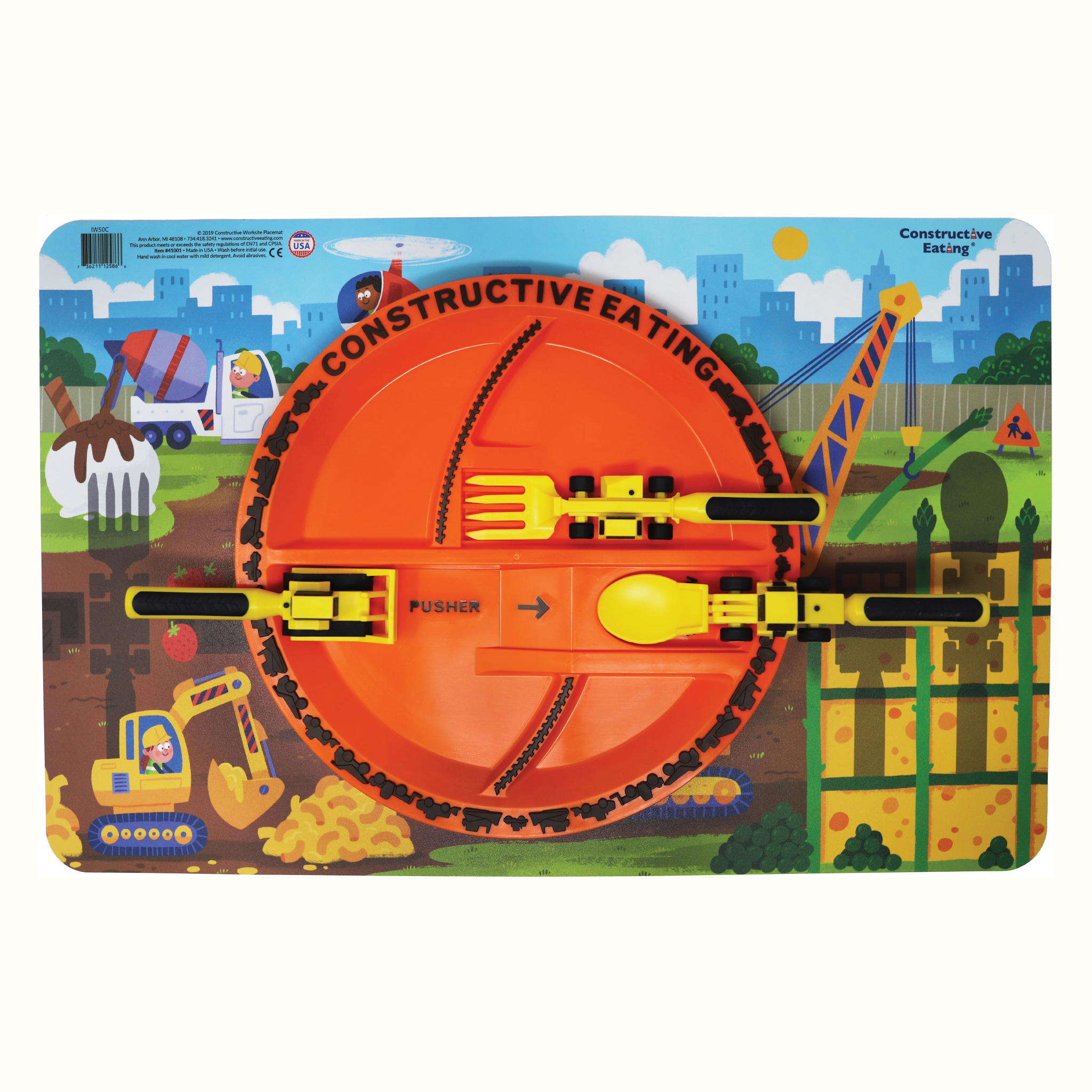 Constructive Eating eating set with tan background, featuring colorful utensils and plates for children’s mealtime fun.