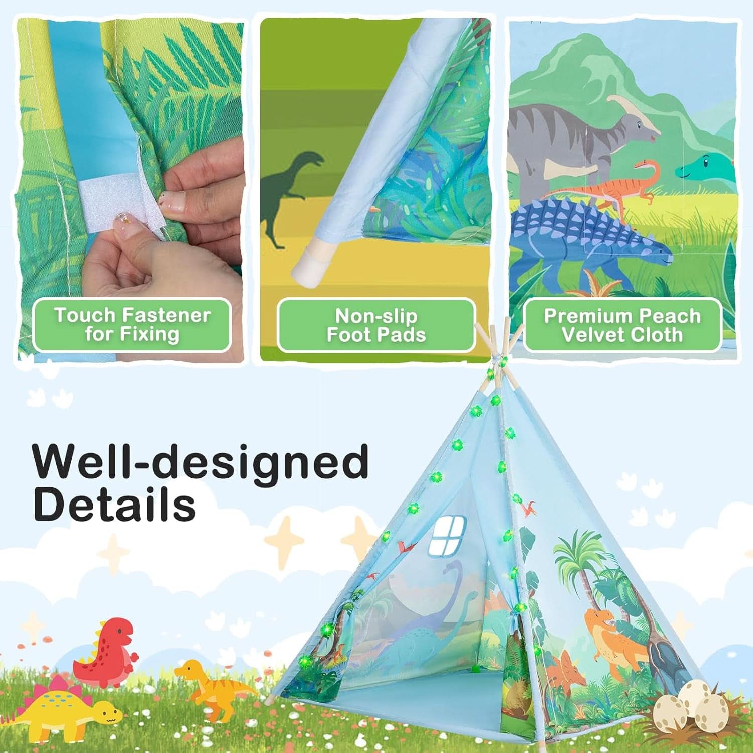 Kids Teepee Tent With Dinosaur Adventure LED String Lights-2