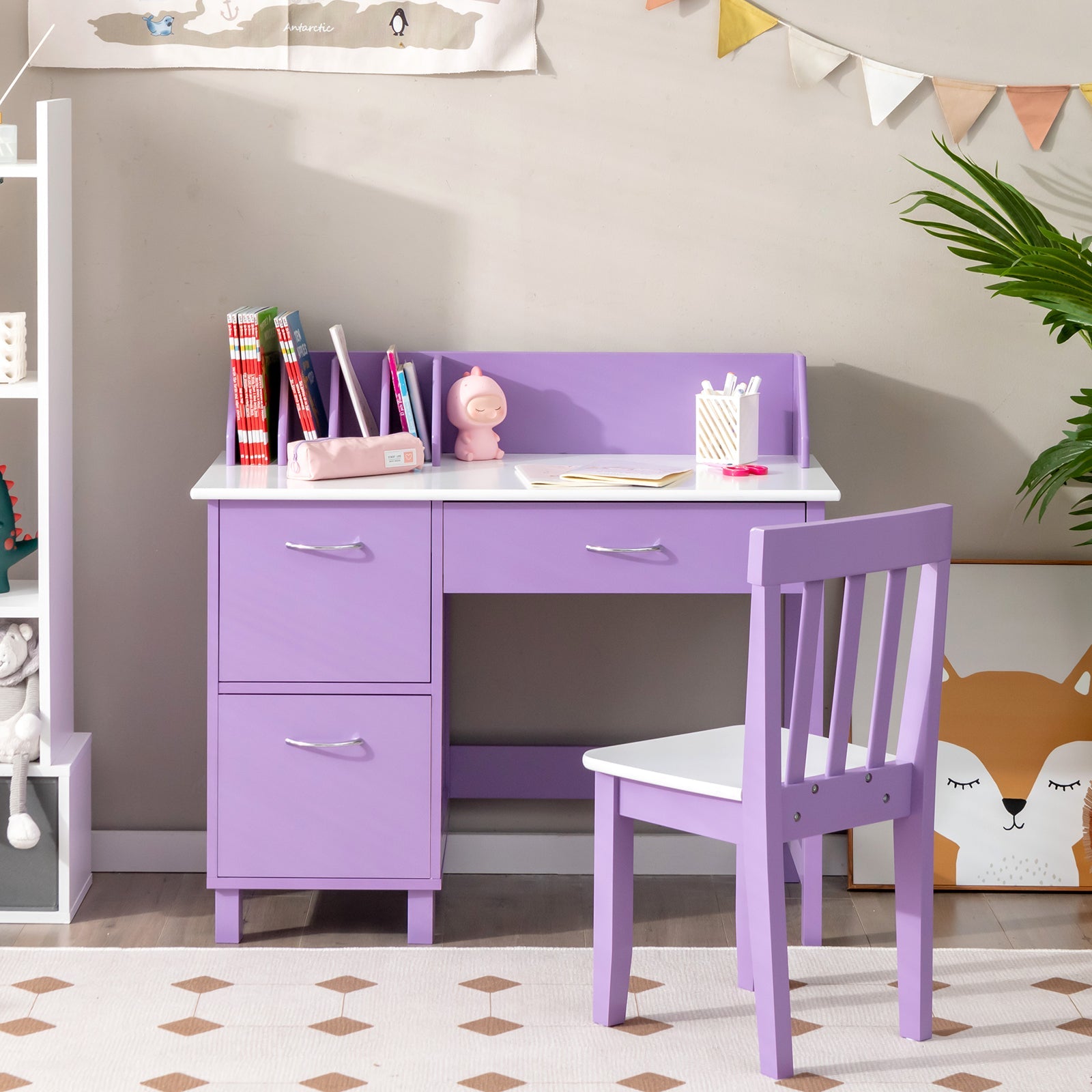 NNECW Kids Learning Desk &amp;amp; Chair Set  for Bedroom &amp;amp; Study Room-Purple-0