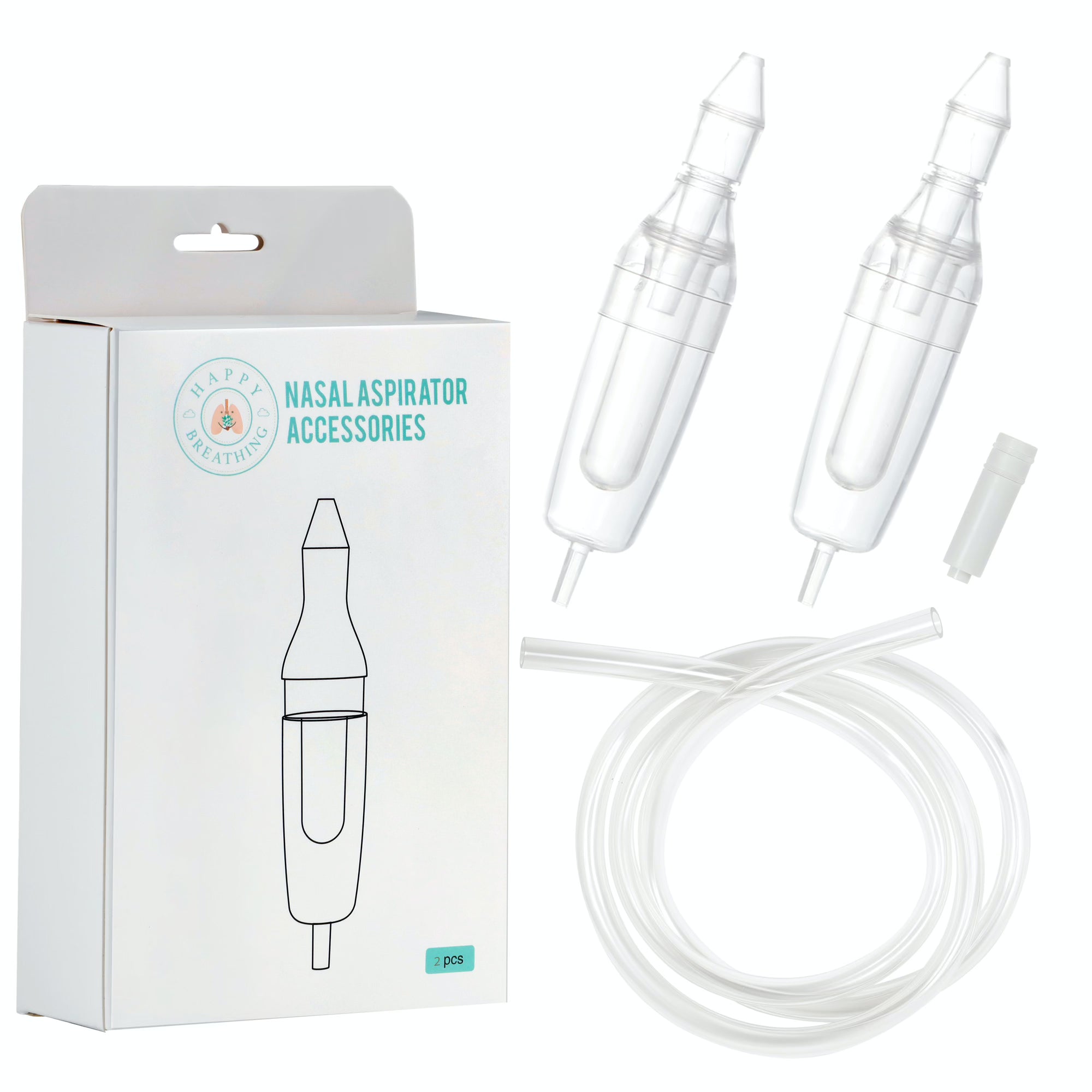 Happy Breathing Suction baby nasal aspirator accessories shown, including replacement tips and attachments for effective nasal suction.
